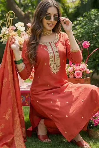 Orange embroidered silk blend kurta trouser dupatta set