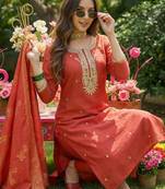 Orange embroidered silk blend kurta trouser dupatta set