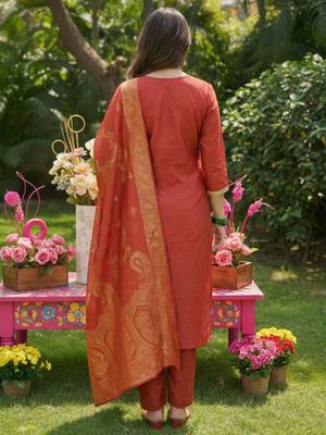 Orange embroidered silk blend kurta trouser dupatta set 2