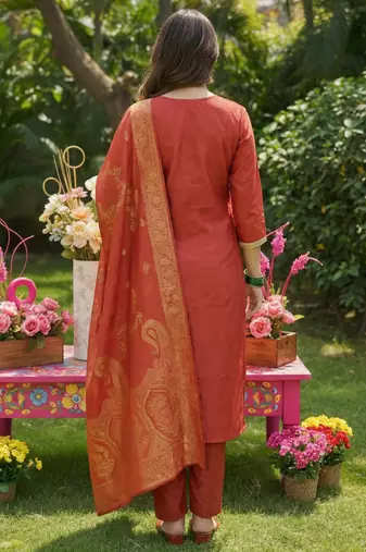 Orange embroidered silk blend kurta trouser dupatta set