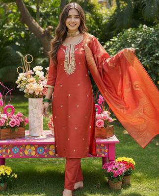 Orange embroidered silk blend kurta trouser dupatta set 3