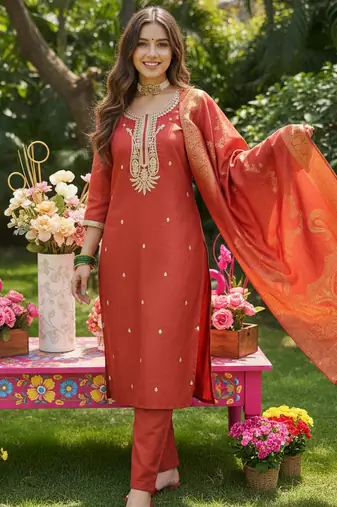 Orange embroidered silk blend kurta trouser dupatta set