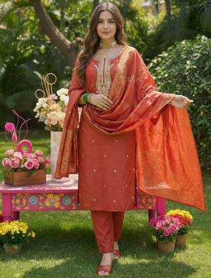 Orange embroidered silk blend kurta trouser dupatta set 4