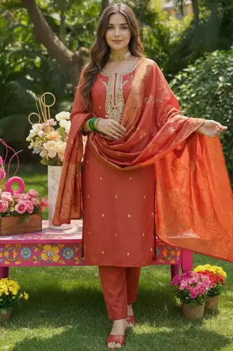 Orange embroidered silk blend kurta trouser dupatta set