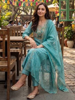 Sea green embroidered silk blend kurta trouser dupatta set 1