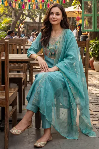 Sea green embroidered silk blend kurta trouser dupatta set