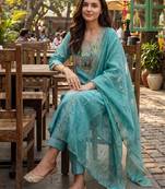 Sea green embroidered silk blend kurta trouser dupatta set