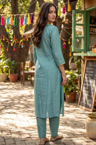 Sea green embroidered silk blend kurta trouser dupatta set
