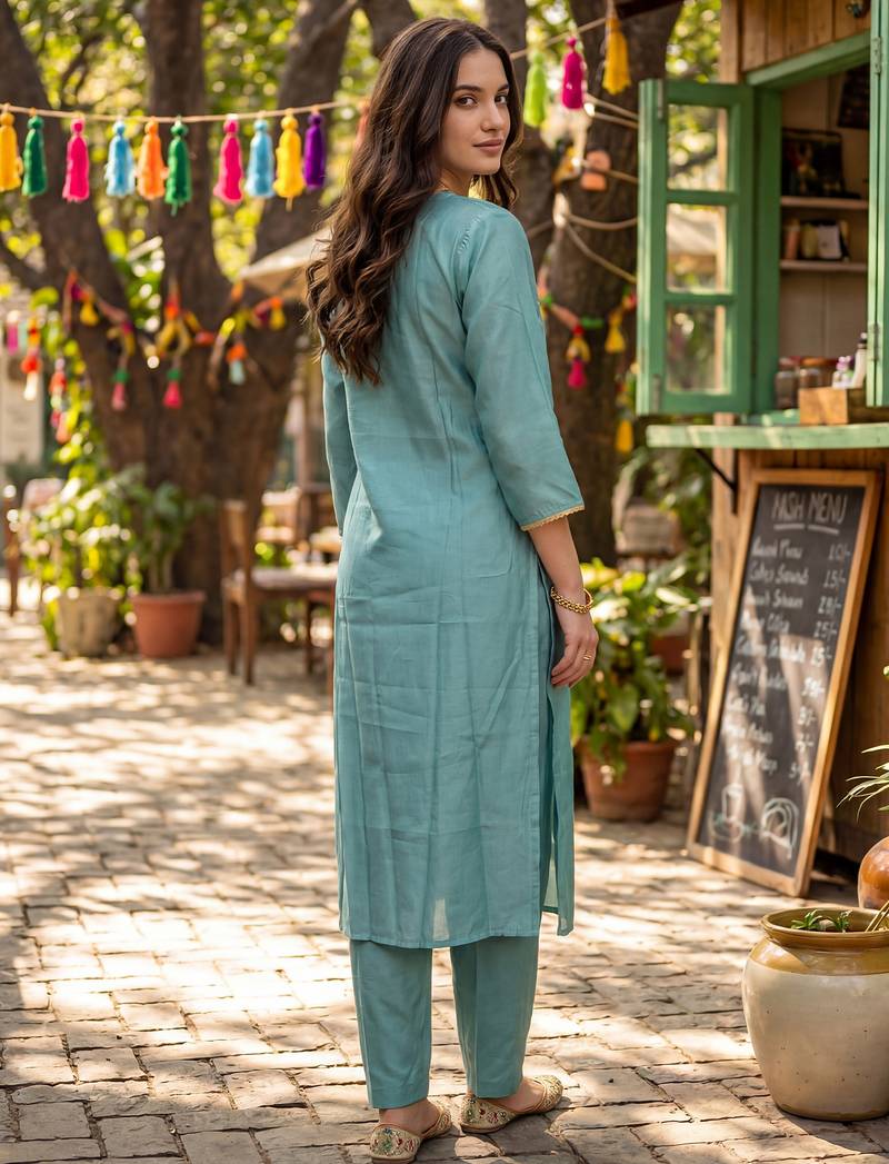 Sea green embroidered silk blend kurta trouser dupatta set