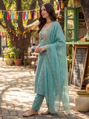 Sea green embroidered silk blend kurta trouser dupatta set 3