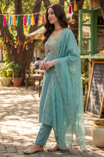 Sea green embroidered silk blend kurta trouser dupatta set