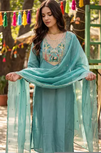 Sea green embroidered silk blend kurta trouser dupatta set