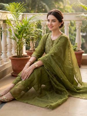 Green embroidered silk blend kurta trouser dupatta set 1