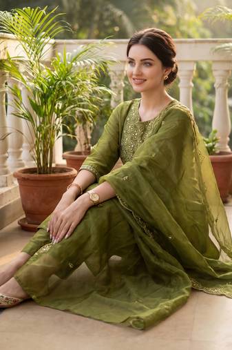 Green embroidered silk blend kurta trouser dupatta set