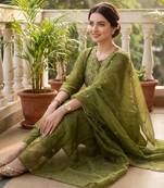 Green embroidered silk blend kurta trouser dupatta set