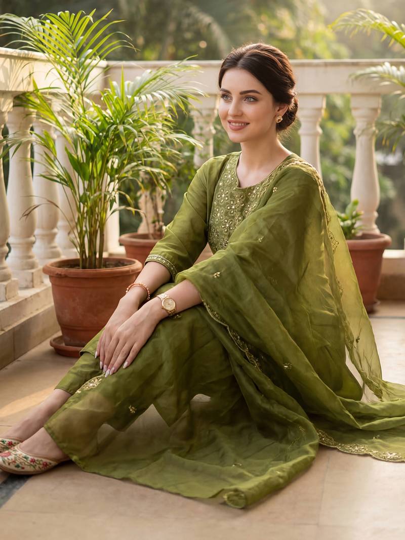 Green embroidered silk blend kurta trouser dupatta set