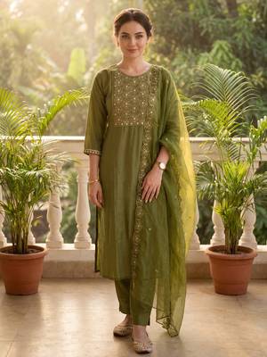 Green embroidered silk blend kurta trouser dupatta set 4