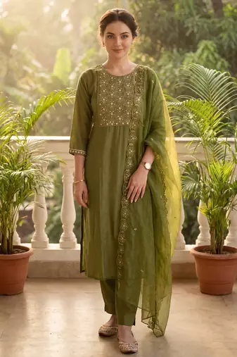 Green embroidered silk blend kurta trouser dupatta set