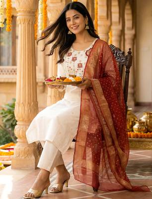 White embroidered silk blend kurta trouser dupatta set 1