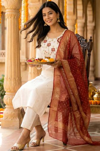 White embroidered silk blend kurta trouser dupatta set