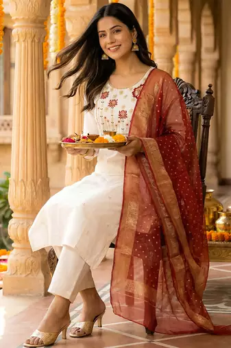 White embroidered silk blend kurta trouser dupatta set