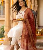 White embroidered silk blend kurta trouser dupatta set