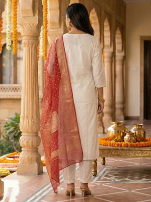 White embroidered silk blend kurta trouser dupatta set 2