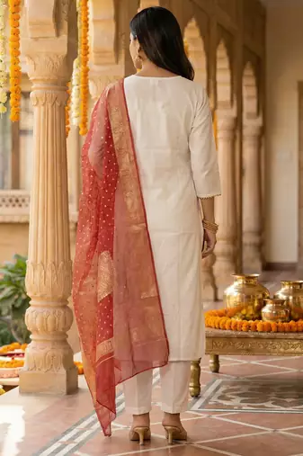 White embroidered silk blend kurta trouser dupatta set