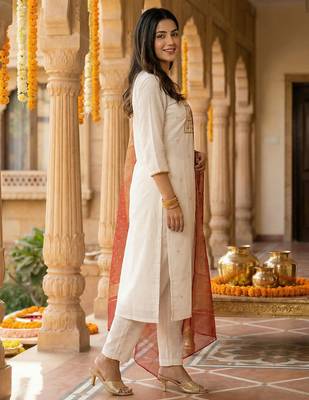 White embroidered silk blend kurta trouser dupatta set 3