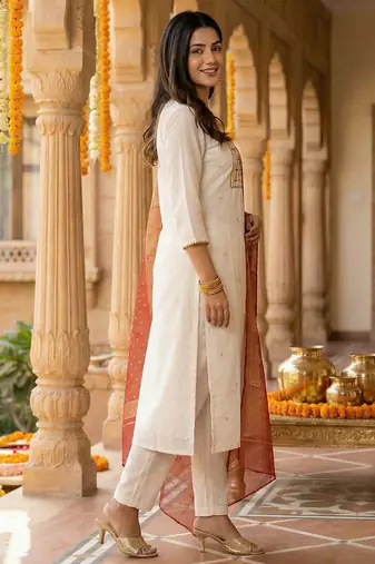 White embroidered silk blend kurta trouser dupatta set