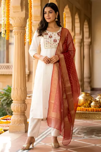 White embroidered silk blend kurta trouser dupatta set