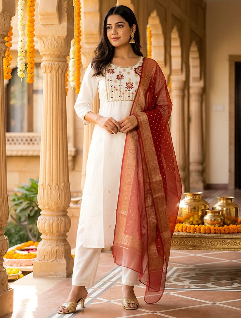 White embroidered silk blend kurta trouser dupatta set
