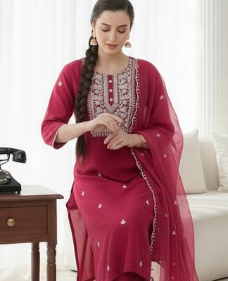 Pink embroidered silk blend kurta trouser dupatta set 1