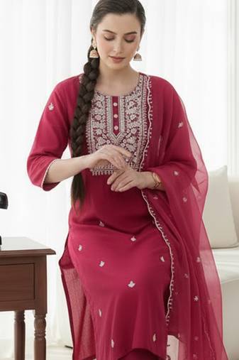Pink embroidered silk blend kurta trouser dupatta set