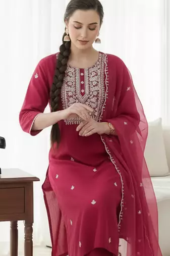 Pink embroidered silk blend kurta trouser dupatta set