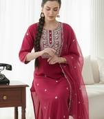 Pink embroidered silk blend kurta trouser dupatta set