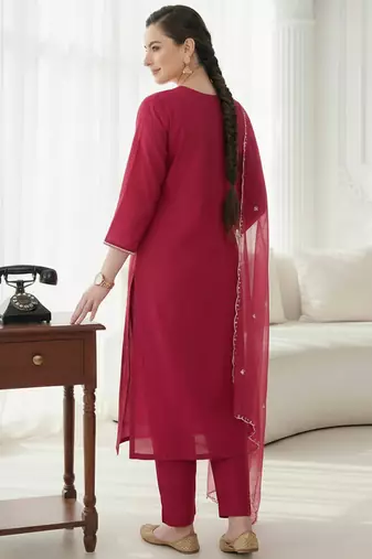 Pink embroidered silk blend kurta trouser dupatta set