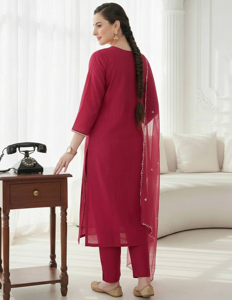 Pink embroidered silk blend kurta trouser dupatta set