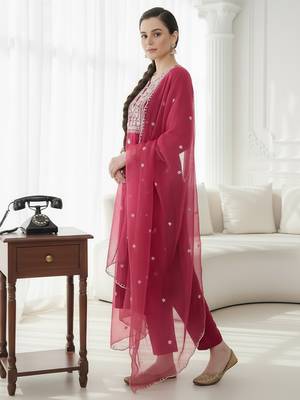 Pink embroidered silk blend kurta trouser dupatta set 3