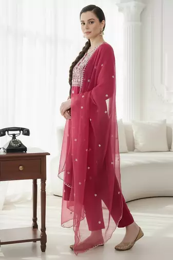 Pink embroidered silk blend kurta trouser dupatta set