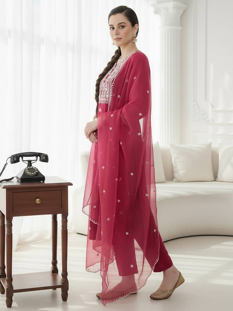 Pink embroidered silk blend kurta trouser dupatta set