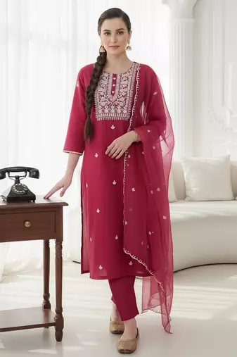 Pink embroidered silk blend kurta trouser dupatta set