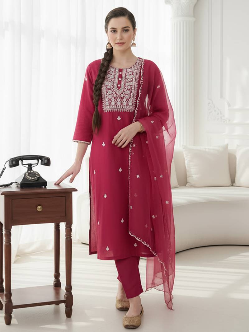 Pink embroidered silk blend kurta trouser dupatta set