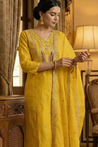 Yellow embroidered silk blend kurta trouser dupatta set