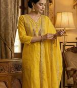 Yellow embroidered silk blend kurta trouser dupatta set
