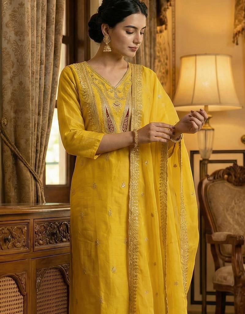 Yellow embroidered silk blend kurta trouser dupatta set