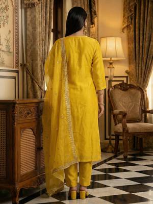 Yellow embroidered silk blend kurta trouser dupatta set 2