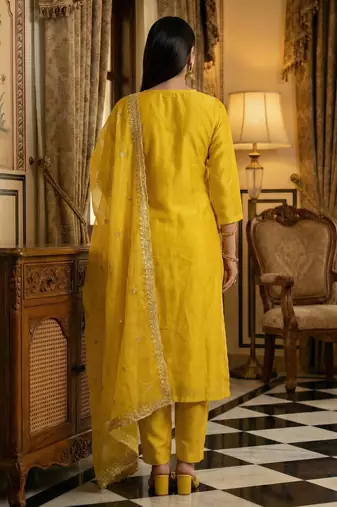 Yellow embroidered silk blend kurta trouser dupatta set