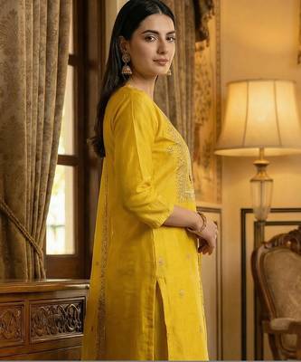 Yellow embroidered silk blend kurta trouser dupatta set 3
