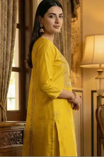 Yellow embroidered silk blend kurta trouser dupatta set